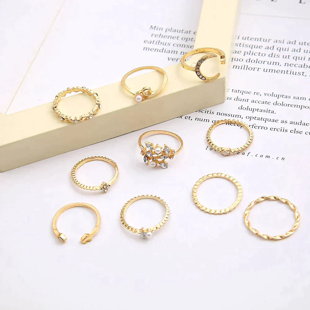 Silver & Gold Bohemian Ring Stack — Set of 10
