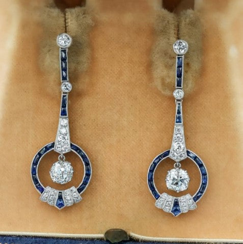 Art Deco Cushion Cut White & Blue Sapphire Drop Earrings