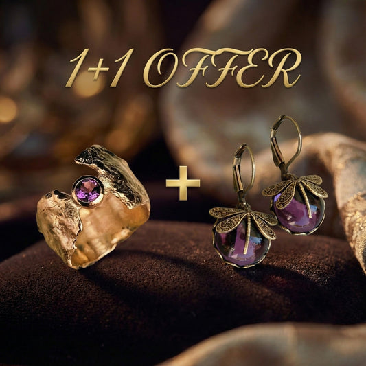 1+1 Offer: Vntage Purple Zirconia Gold Forged Ring + Antique Gold Dragonfly Sphere Earrings