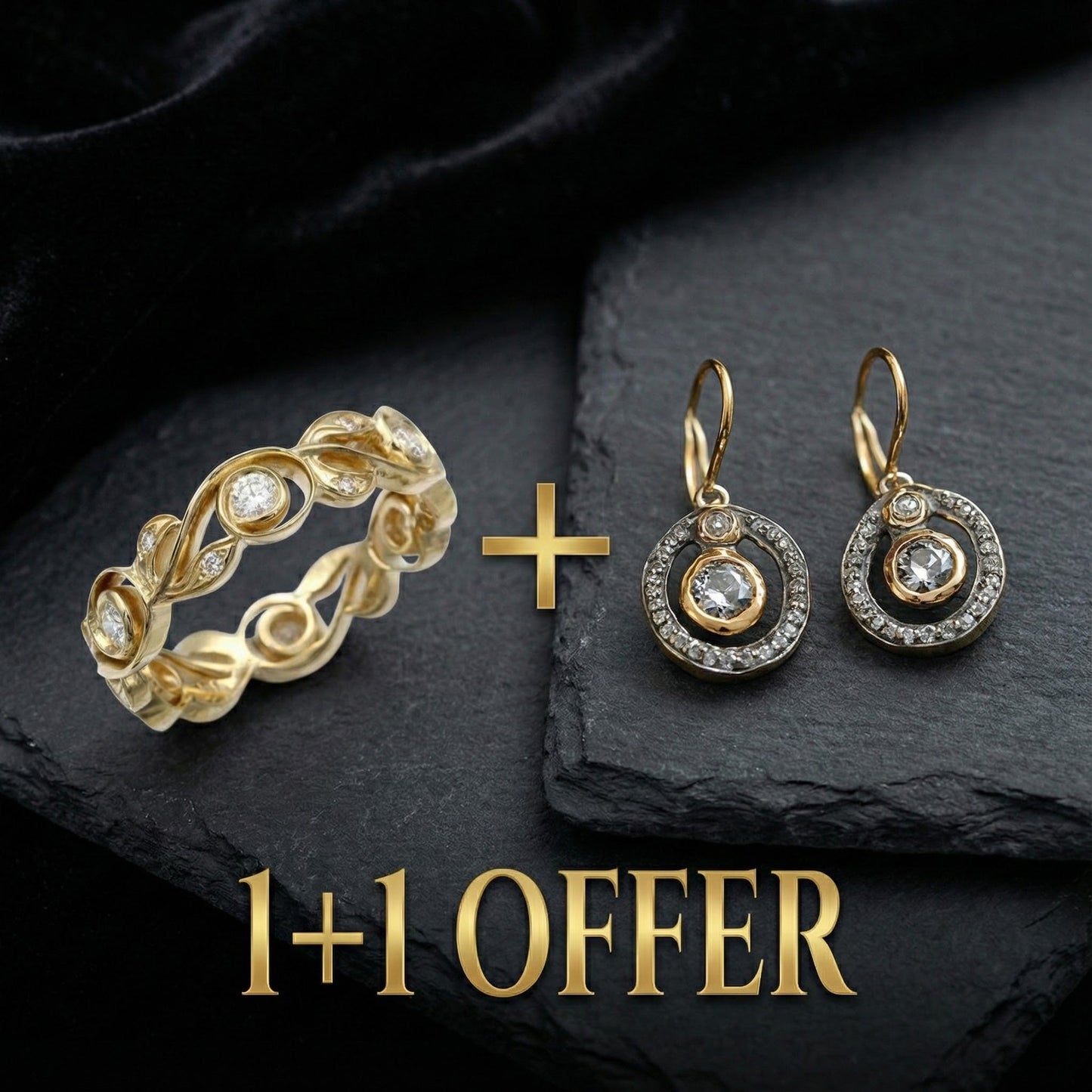 1+1 Offer: Vintage Zirconia Ivy Golden Ring + Vintage Zirconia & Gold Earrings
