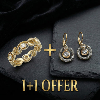 1+1 Offer: Vintage Zirconia Ivy Golden Ring + Vintage Zirconia & Gold Earrings