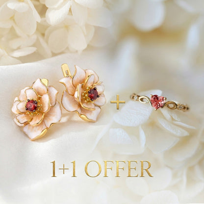 1+1 Offer: Zirconia Heart Ring + Vintage White Enamel Blossom Gold Earrings