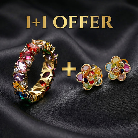 1+1 Offer: Elegant Colorful Crystal Flower Earrings + Vintage Multicolor Zirconia Ring
