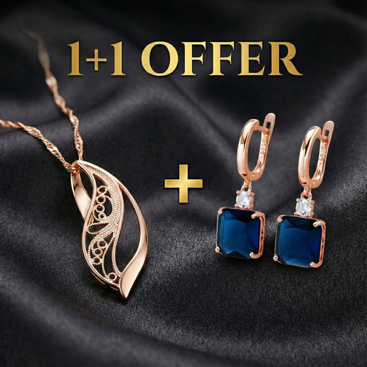 1+1 Offer: Elegant earrings with dark blue crystal in gold + Elegant Harmonious Necklace in Gold