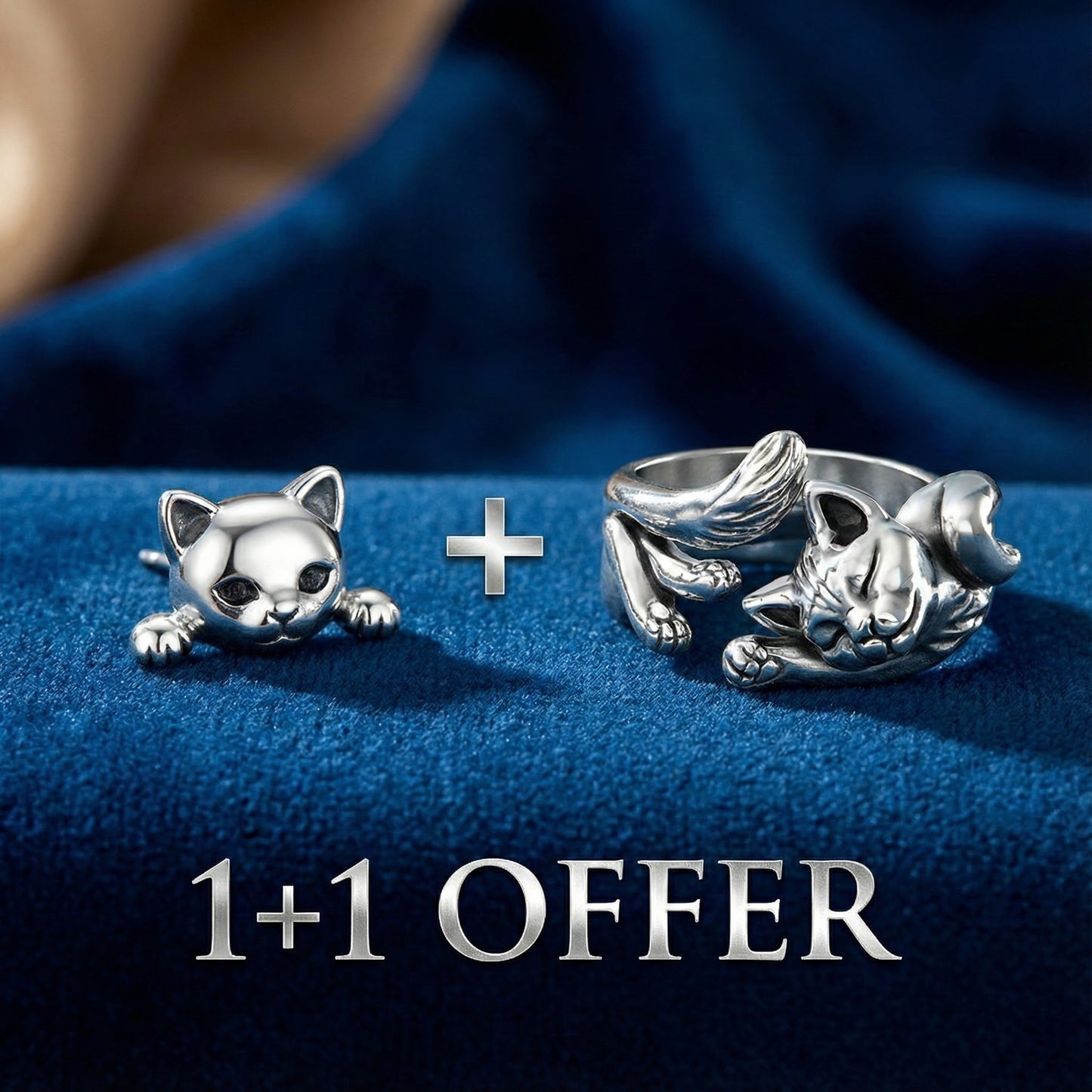 1+1 Offer: Silver Cat Earrings + Vintage Silver Cat Ring