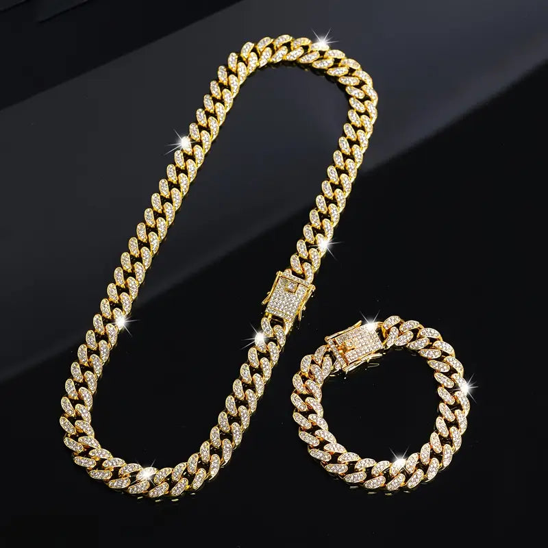 2pcs Cuban Link Chain Necklace & Bracelet Set – Unisex Hip-Hop Jewelry