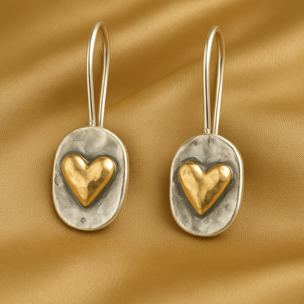 Vintage Silver Earrings with Golden Hearts