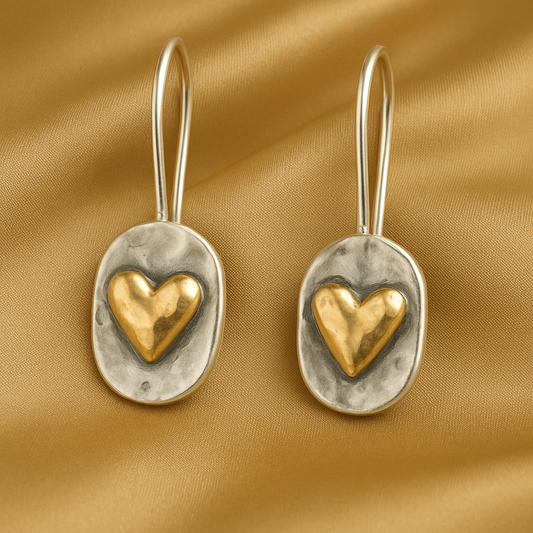 Vintage Silver Earrings with Golden Hearts
