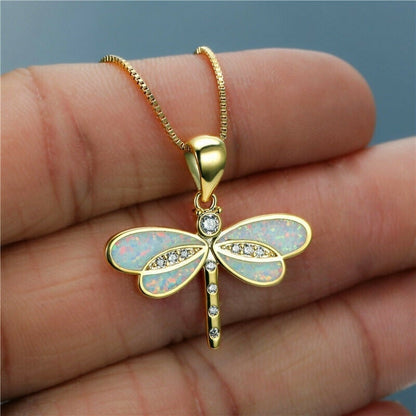 Elegant Gold Dragonfly Necklace with Opal Accent