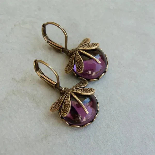 1+1 Offer: Vntage Purple Zirconia Gold Forged Ring + Antique Gold Dragonfly Sphere Earrings