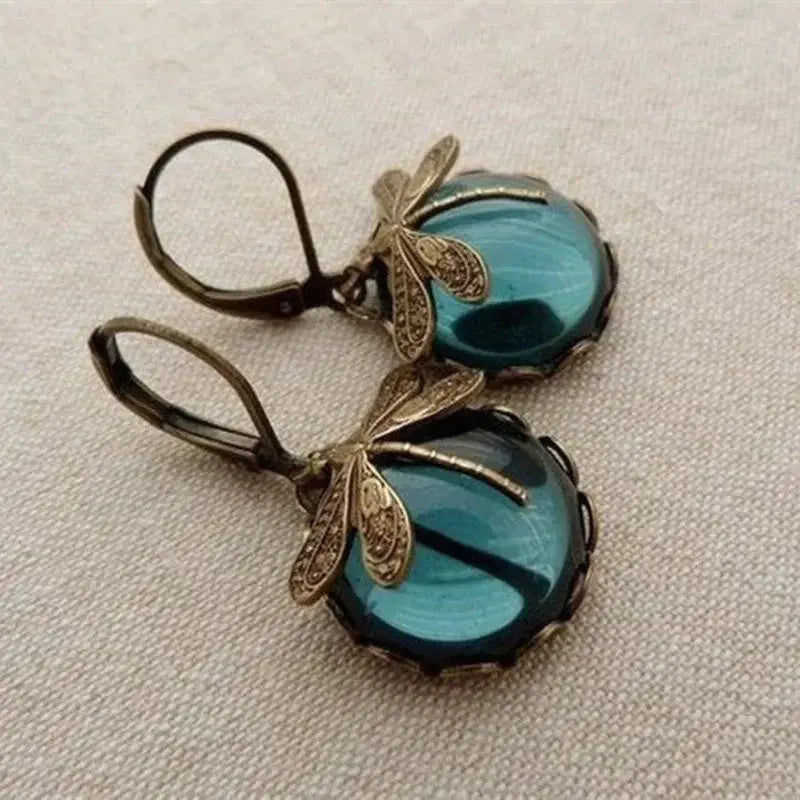 Antique Gold Dragonfly Sphere Earrings
