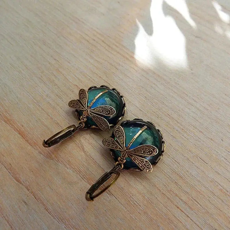 Antique Gold Dragonfly Sphere Earrings