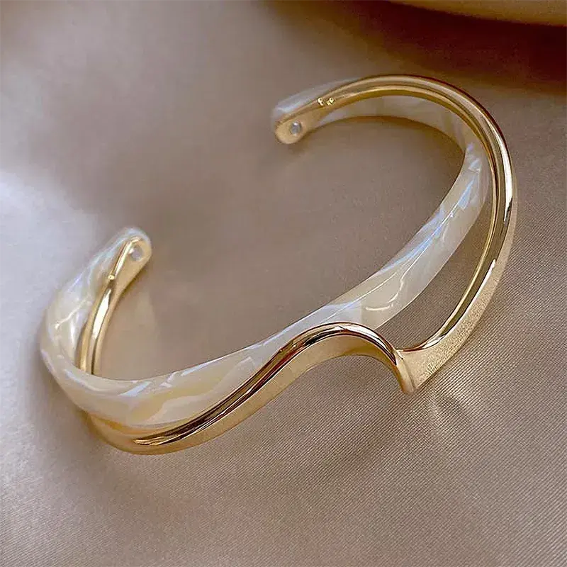 Elegant White Enamel & Gold Open Bracelet