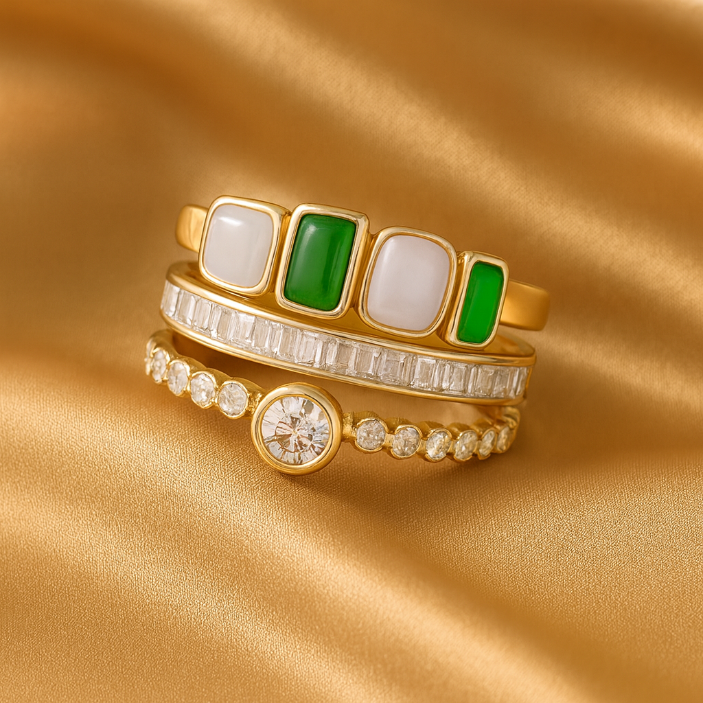 White & Green Opal Ring Set