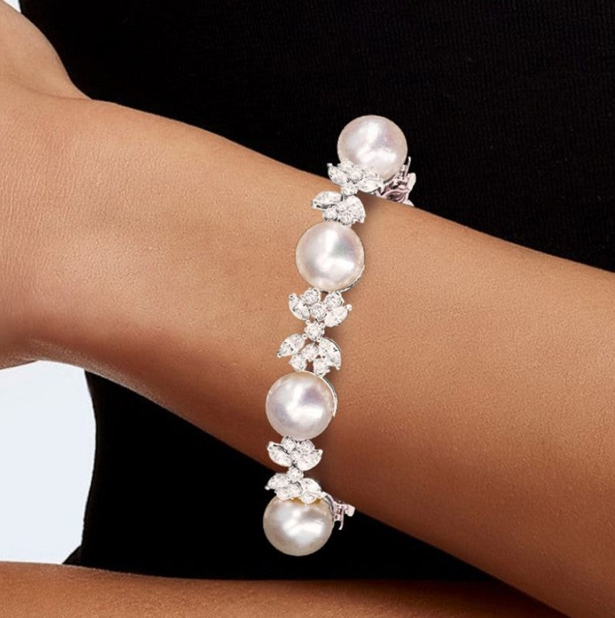 Marquise Cut Pearl & White Sapphire Elegant Bracelet