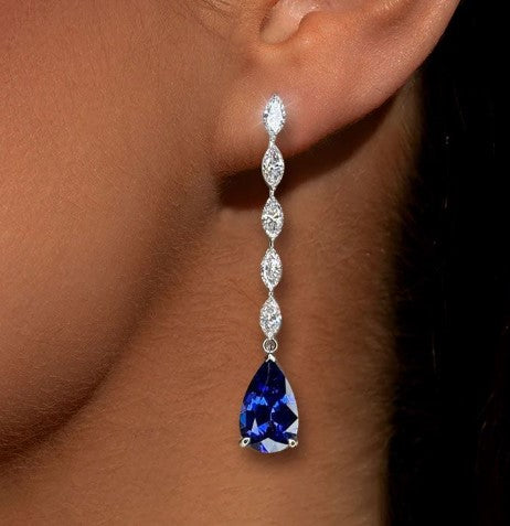 Elegant Pear Cut Blue Sapphire Drop Earrings