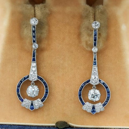Art Deco Cushion Cut White & Blue Sapphire Drop Earrings