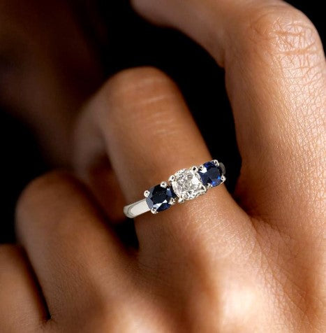 Three-Stone Cushion Cut White & Blue Sapphire Wedding Ring