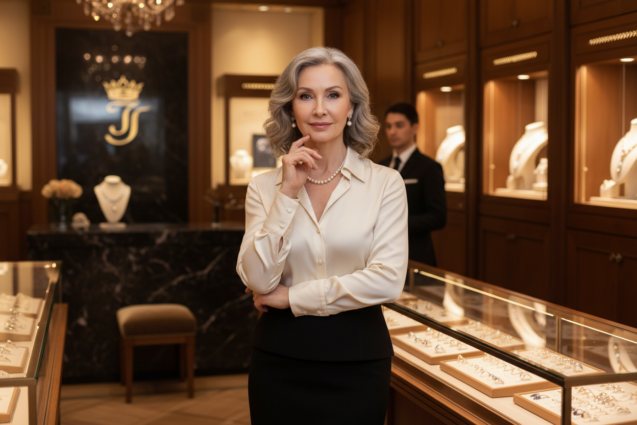 beautiful 50 year old woman in a jewerly store