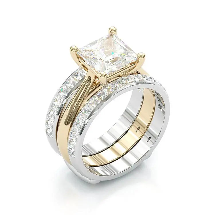 Timeless Princess Cut Bridal Ring Set – Gold & Silver