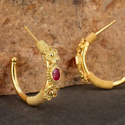 Vintage Floral Red Zirconia Hoop Earrings